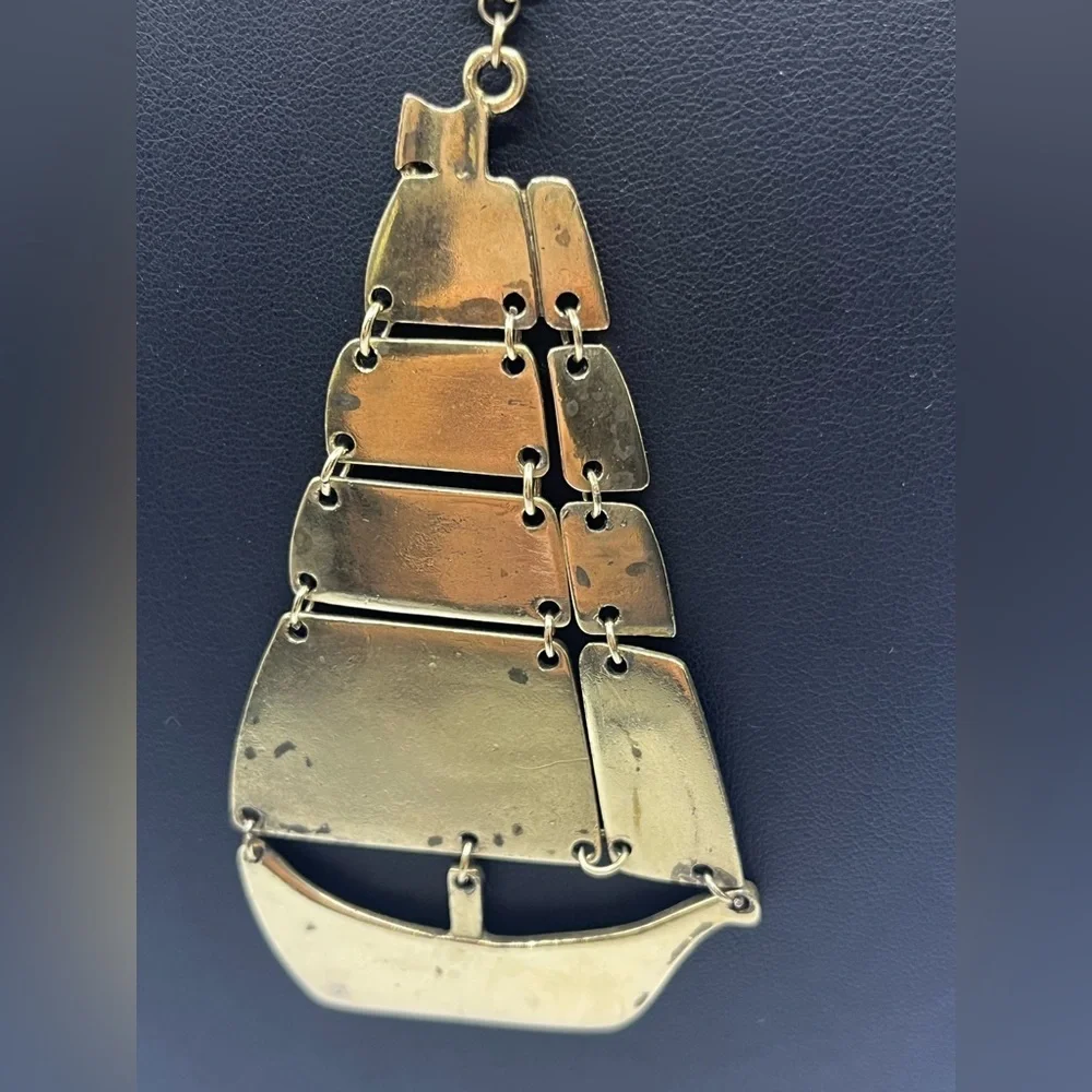 Nautical Ship Boat Brass Pendant  Necklace Oversized Articulated Ship - Picture 10 of 15